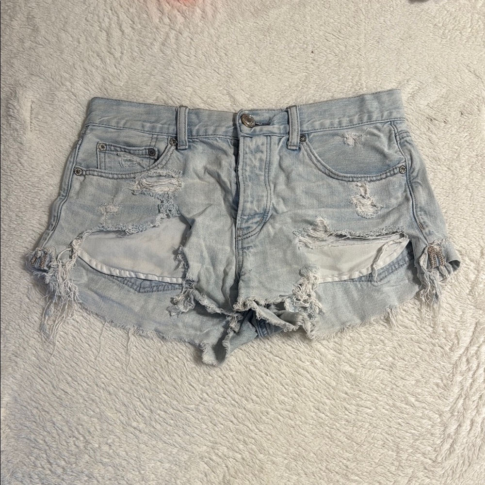 Distressed Light Blue Denim Shorts